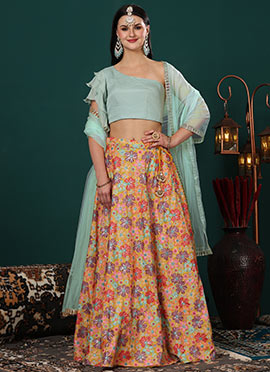Green N Multicolored Embroidered Chinon Lehenga