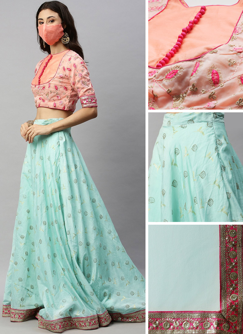 Green N Peach Embroidered Lehenga Set Wedding Wear