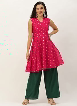 Teen Girls Green N Pink Embroidered Chanderi Kurta Set