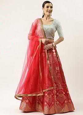 Green N Pink Jacquard Kali Lehenga Choli Set