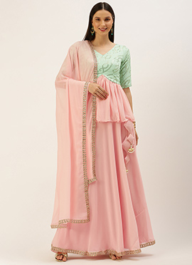 Green N Pink Long Choli Lehenga Set