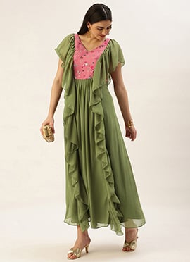 Green N Rouge Pink Chinon Ruffles Gown