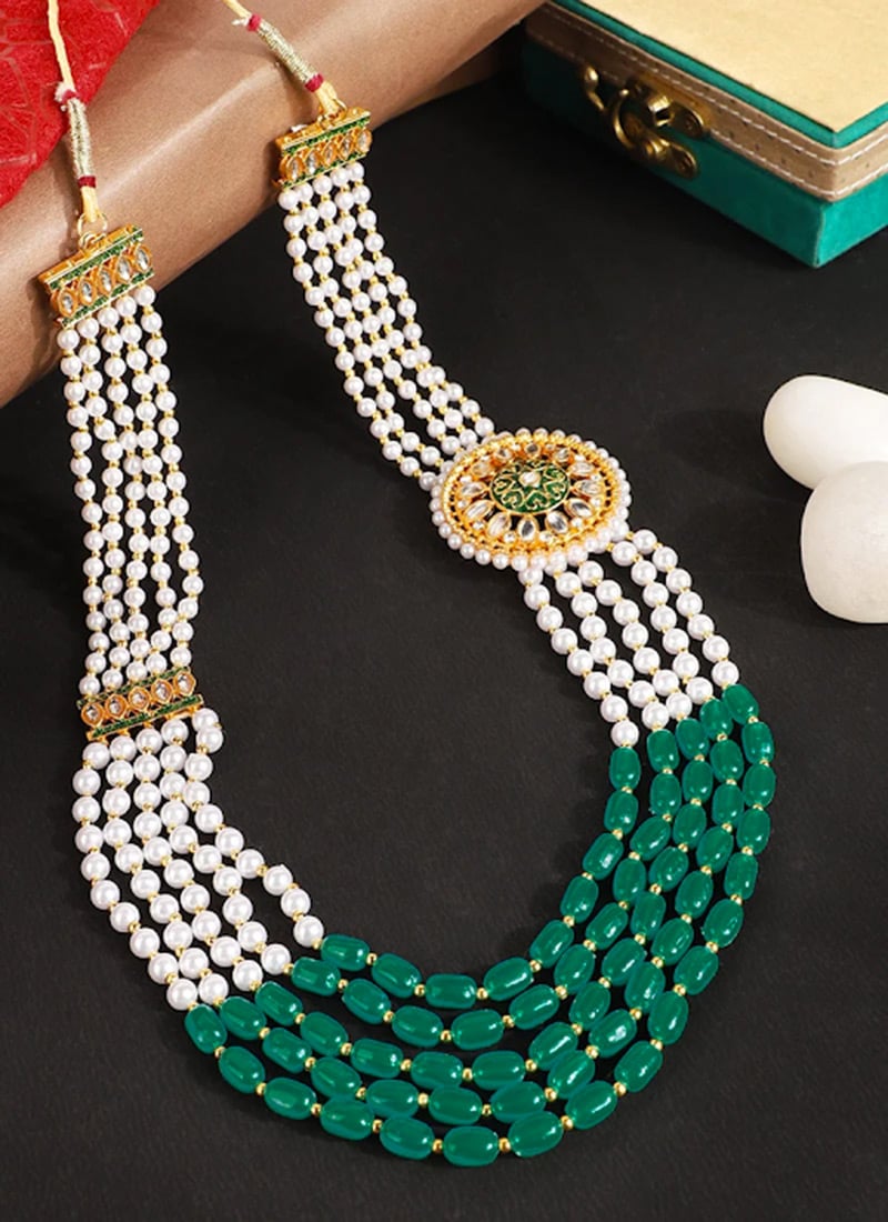 Green N White Brass Necklace Party Wear