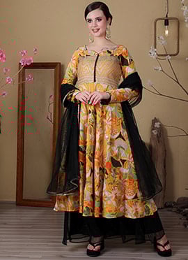 Green N Yellow Art Silk Embroidered Anarkali Suit