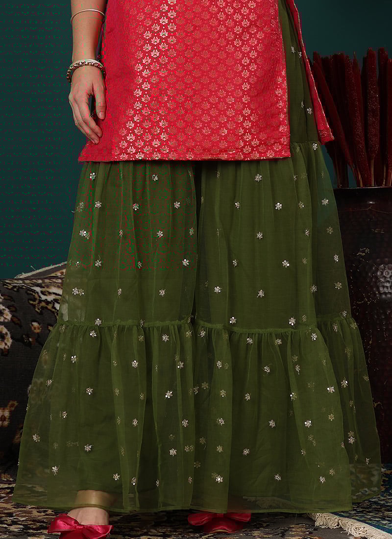 Green Net Embroidered Gharara Pant Festive Wear