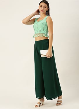 Teen Girls Green Net Embroidered Peplum Blouse N Palazzo