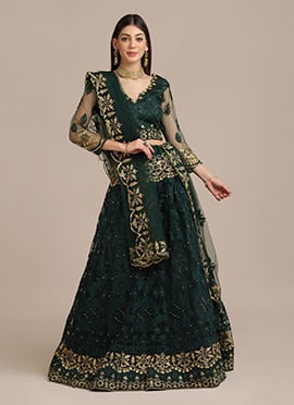 Green Net Embroidered Stone Work Umbrella Lehenga