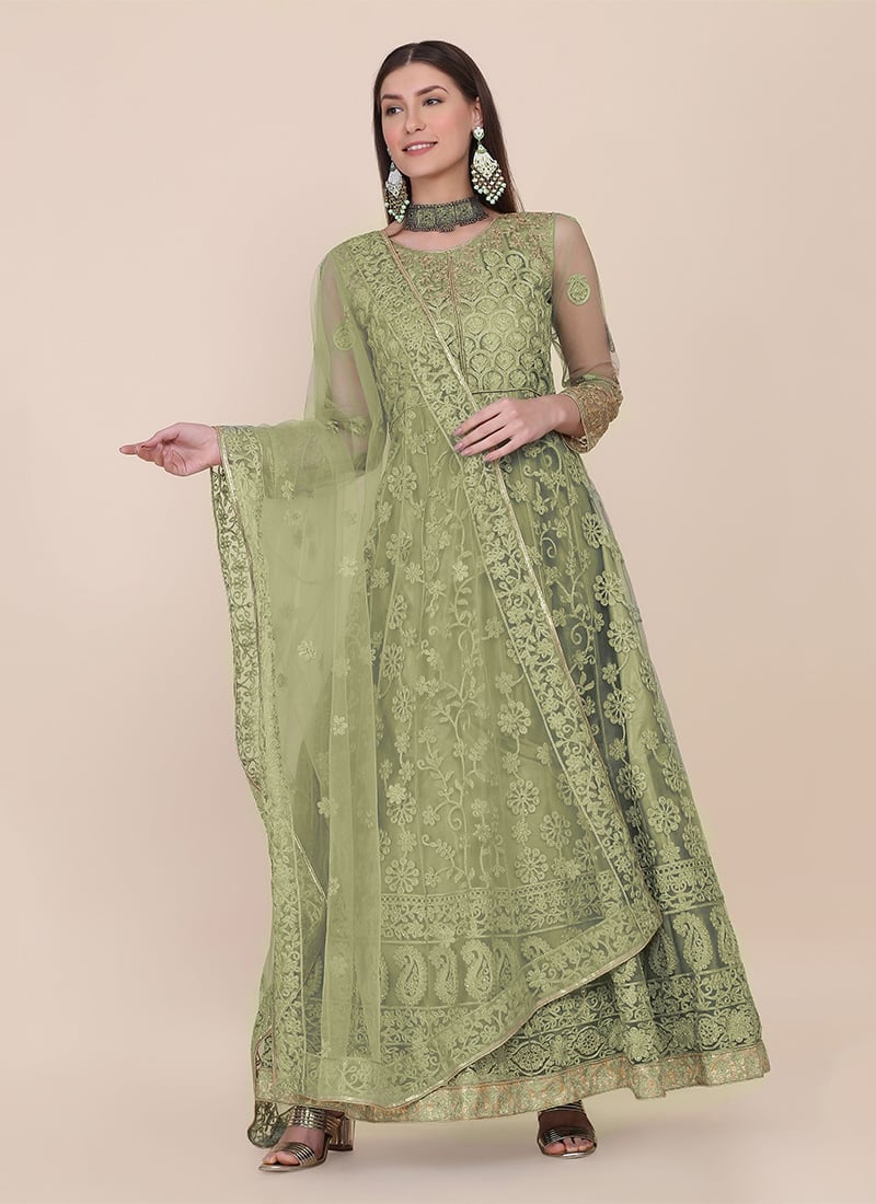 Green Net Embroidered Work Anarkali Suit Party Wear
