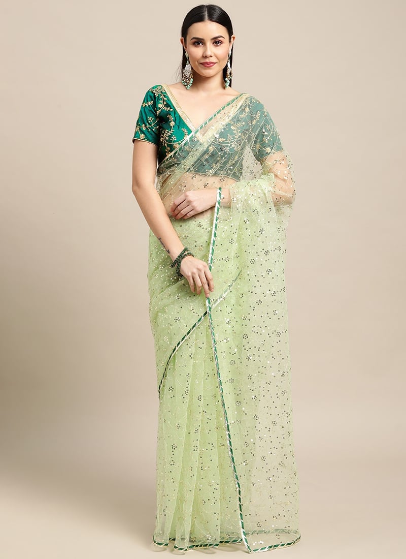 Green Net Embroidery Mirror Work Saree Party Wear