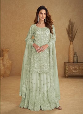 Green Net Sequins Mirror Work Hand Embroidered Palazzo Suit