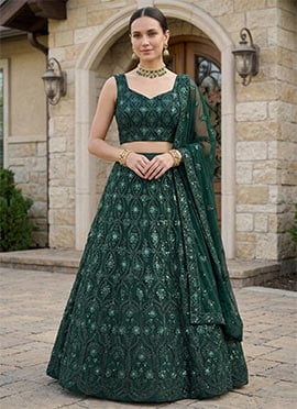 Green Net Sequins Umbrella Lehenga