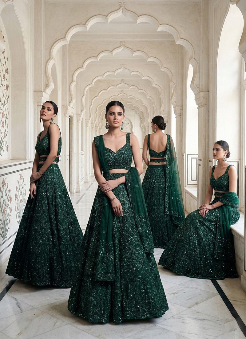 Green Net Sequins Umbrella Lehenga Party Wear