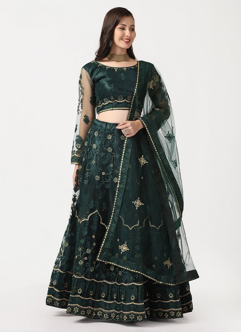 Green Net Zari Embroidered Work Umbrella Lehenga Party Wear