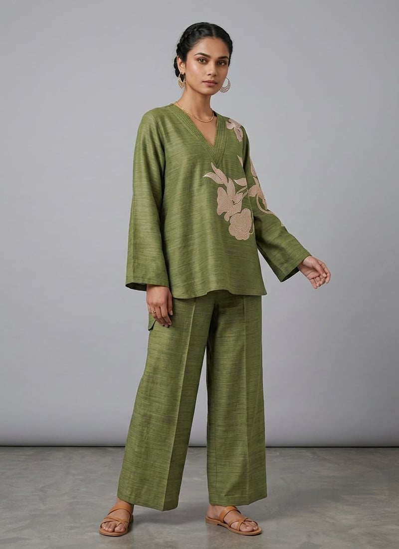 Green Olive Bloom Linen Cotton Co Ord Set After Six Wear
