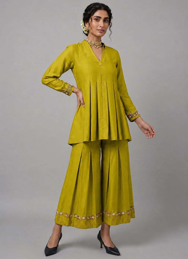 Green Olive Muse Rayon Cotton Co Ord Ensemble After Six Wear