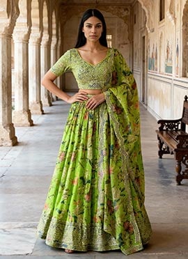 Green Organza Digital Print Embroidered A Line Lehenga