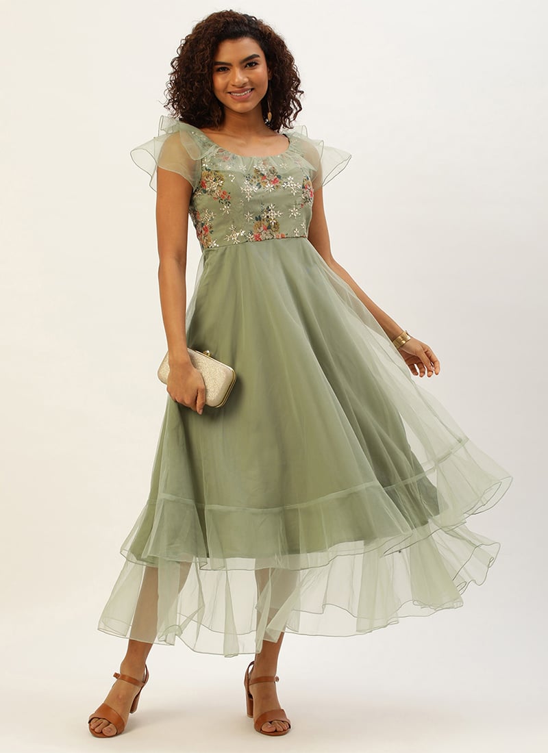 Green Organza Embroidered Gown Party Wear