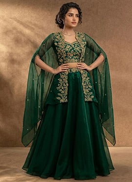 Green Organza IndoWestern Jacket Skirt Set With Zari And Mirror Work