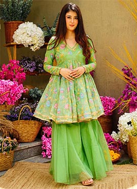 Green Organza Printed Party Wear Palazzo Suit Embroidery And Sequins