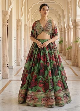 Green Organza Sequins Zari Digital Print Embroidered Umbrella Lehenga