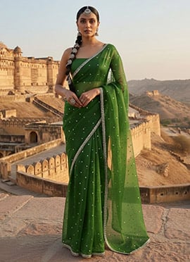 Green Organza Zari Hand Embroidered Sequins Saree
