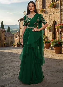 Green Organza Zari Sequins Hand Embroidered Cutdana Lehenga Saree