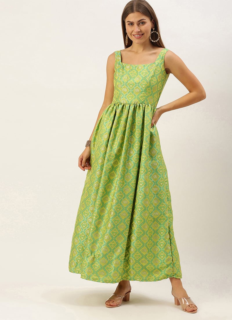 Green Patola Strap neckline Dress Festive Wear