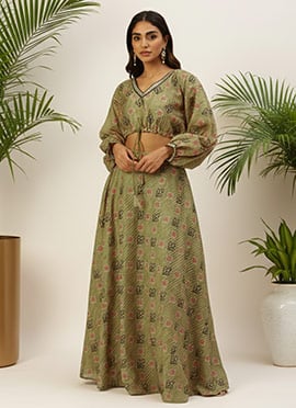 Teen Girls Green Printed Art Silk Co Ords Set