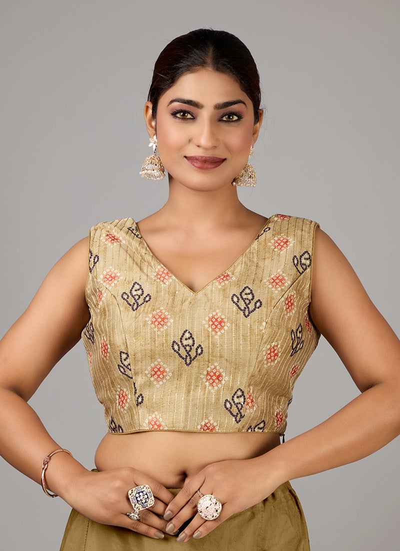 Green Printed Art Silk Cotton Blouse Festive Wear