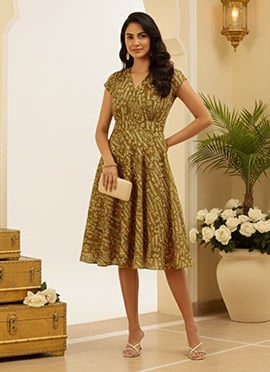 Green Printed Art Silk Mini Dress