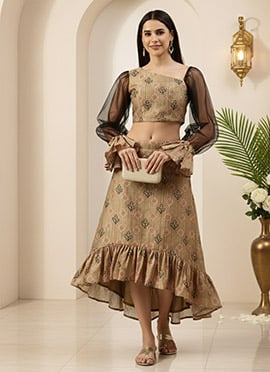 Teen Girls Green Printed Art Silk Sets And Suits