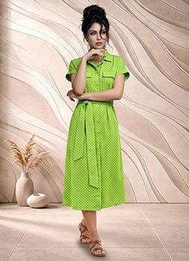 Green Printed Cotton Belted Midi Dress