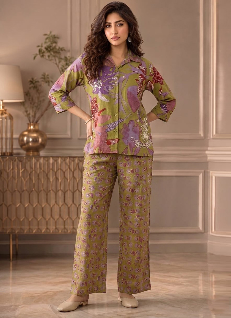Green Printed Cotton Co Ord Pant Set After Six Wear