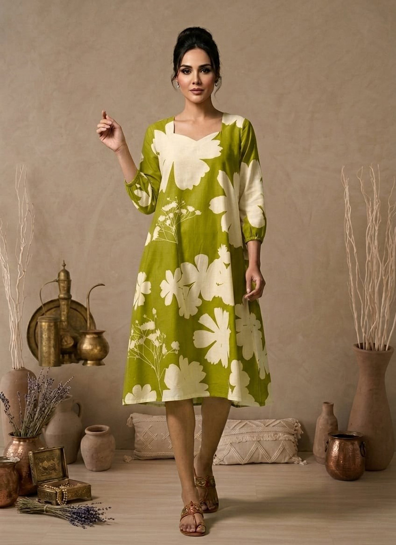 Green Printed Cotton Floral Dress After Six Wear