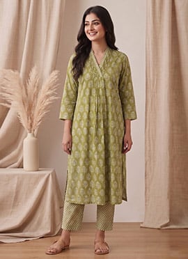 Green Printed Cotton Kurta Set After Six Wear