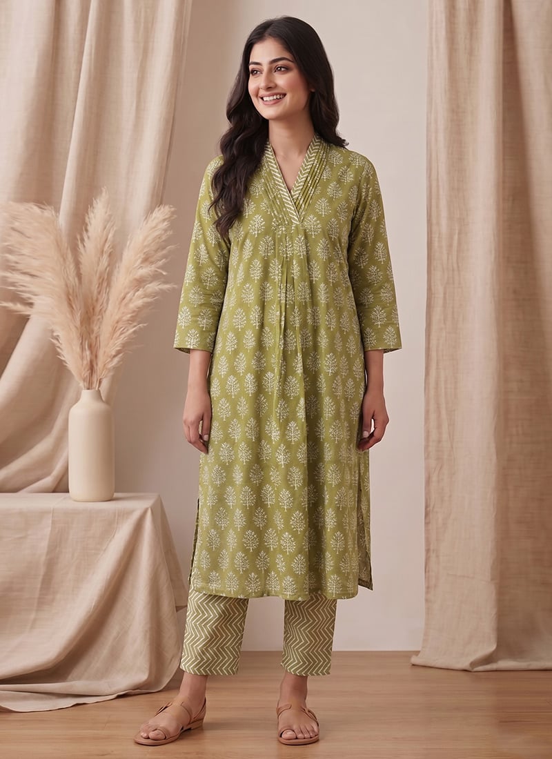 Green Printed Cotton Kurta Set After Six Wear