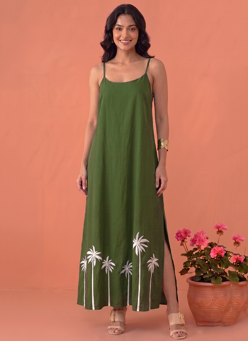 Green Printed Cotton Palm Tree Maxi Dress After Six Wear