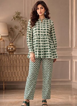 Green Printed Cotton Peplum Top Palazzo Set