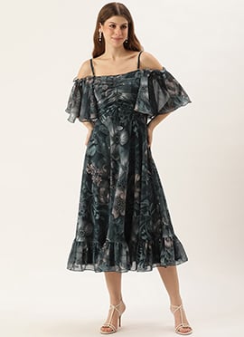 Teen Girls Green Printed Georgette Off Shoulder Dr
