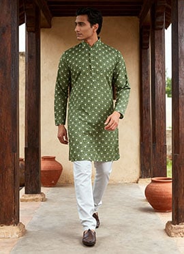 Green Rayon Cotton Printed Kurta Pyjama