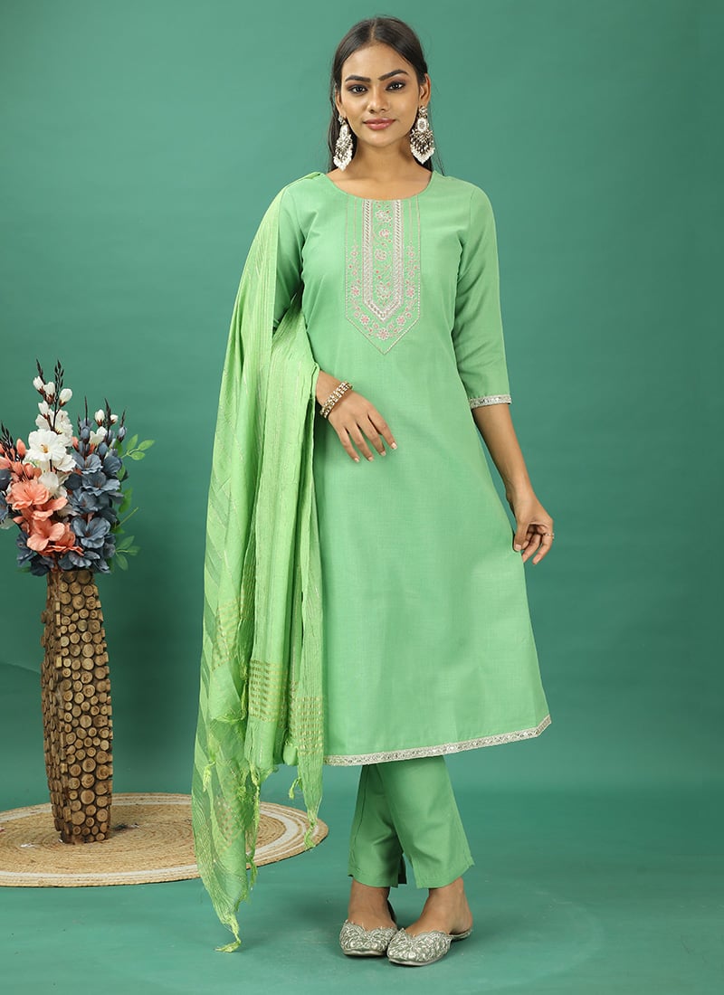 Teen Girls Green Rayon Embroidered Narrow Straight Pant Suit Festive Wear