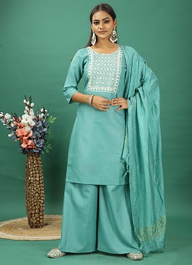 Green Rayon Embroidered Palazzo Suit