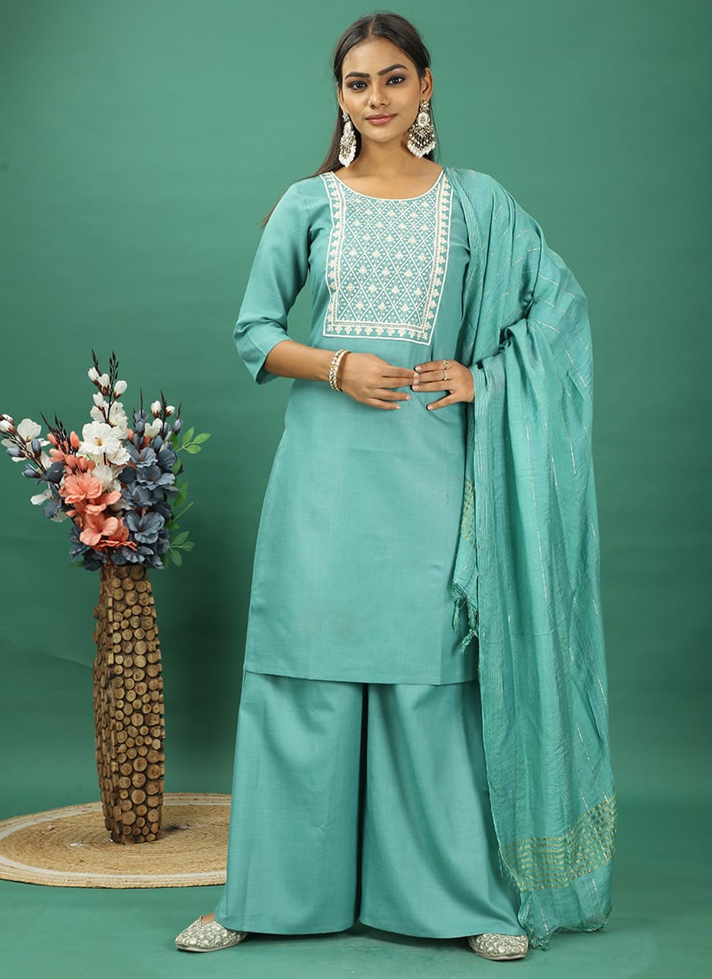 Teen Girls Green Rayon Embroidered Palazzo Suit Festive Wear