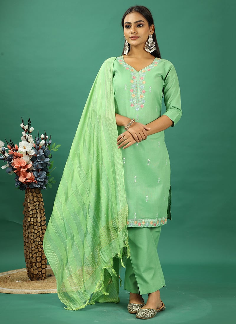 Teen Girls Green Rayon Embroidered Straight Pant Suit Festive Wear