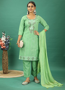 Green Rayon Embroidered Straight Pant Suit