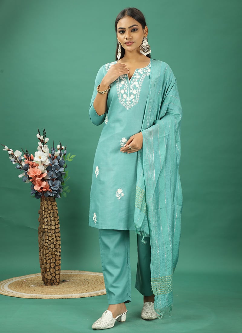 Green Rayon Embroidered Straight Pant Suit Festive Wear