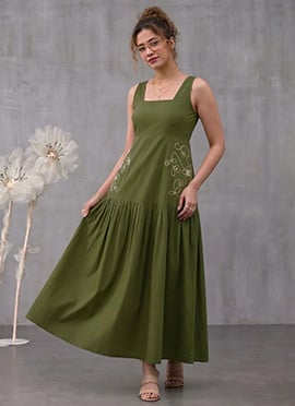 Green Rayon Embroidered Tiered Dress