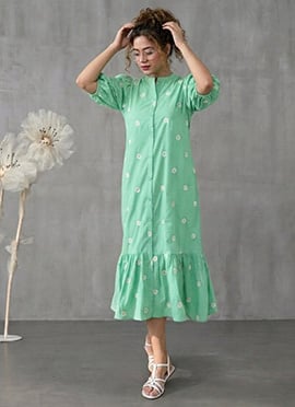 Green Rayon Floral Embroidered Midi Dress