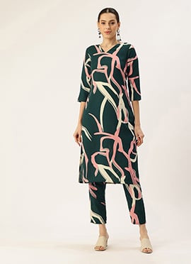 Green Rayon Printed Kurta Set