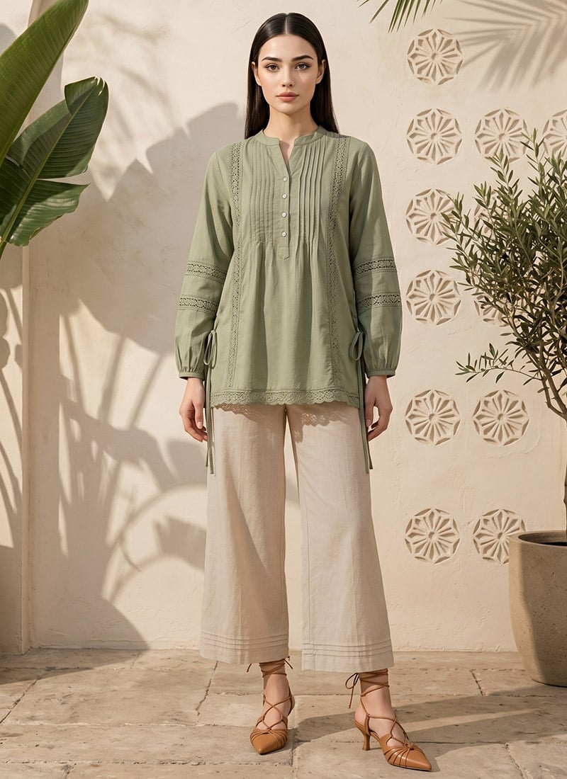 Green Ready Lace Cotton Co Ord Set After Six Wear